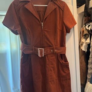 Women's rust colored  Corduroy Belted Dress